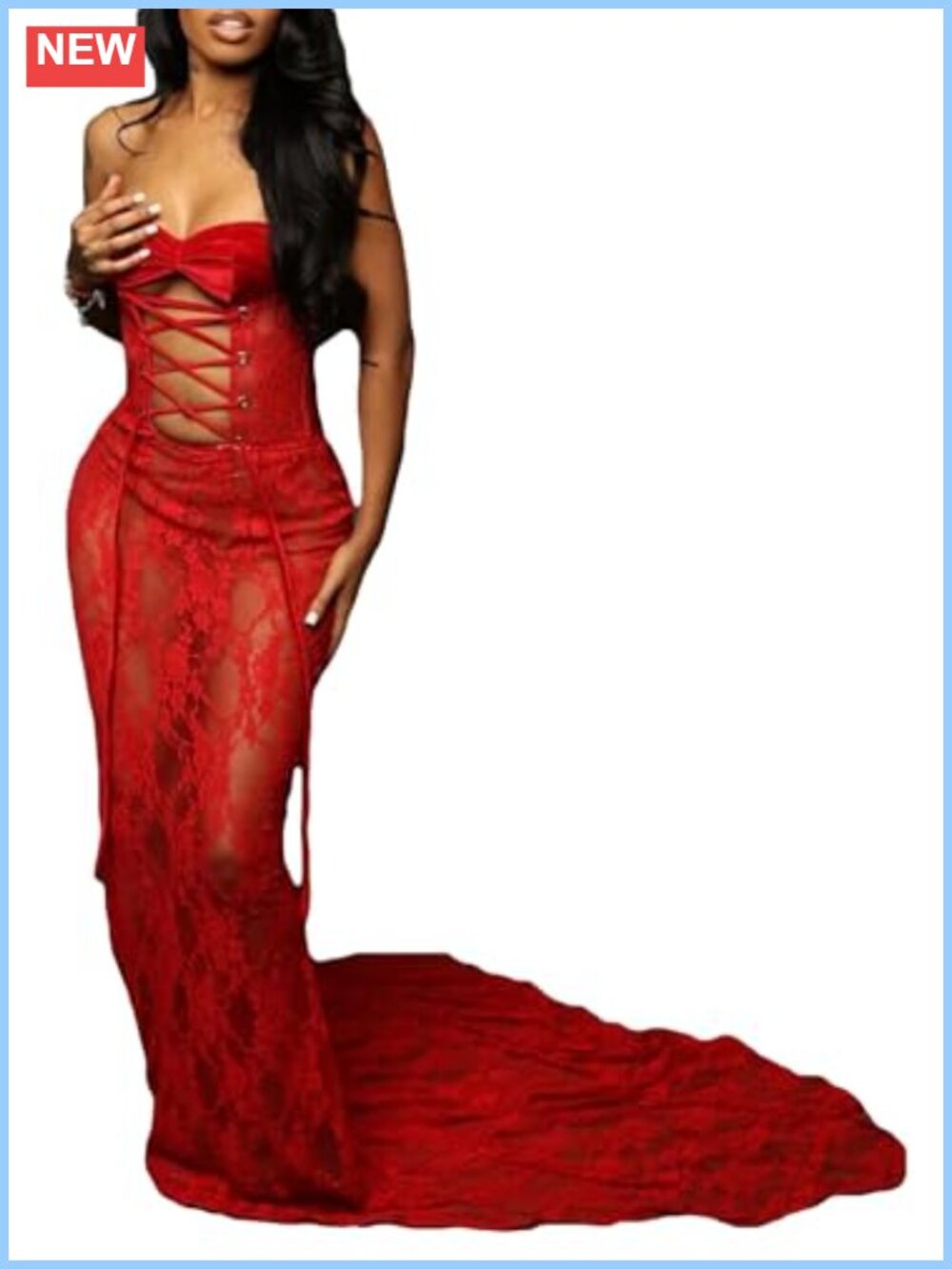 Strapless Lace Maxi Dress See Through Sleeveless Bodycon Mermaid Party Gown